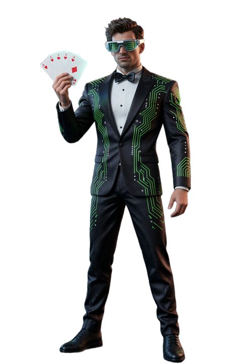 BillionaireSpin Casino Maskottchen - Cyberpunk Milliard&auml;r im Smoking mit holographischen Spielkarten f&uuml;r das Live Casino