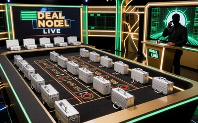 Deal or No Deal Live-Spielshow von Evolution Gaming mit goldenen Koffern und dramatischer Spannung